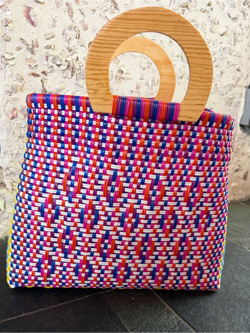 Multicolor Hand Woven Tote Bag with Wooden Handles